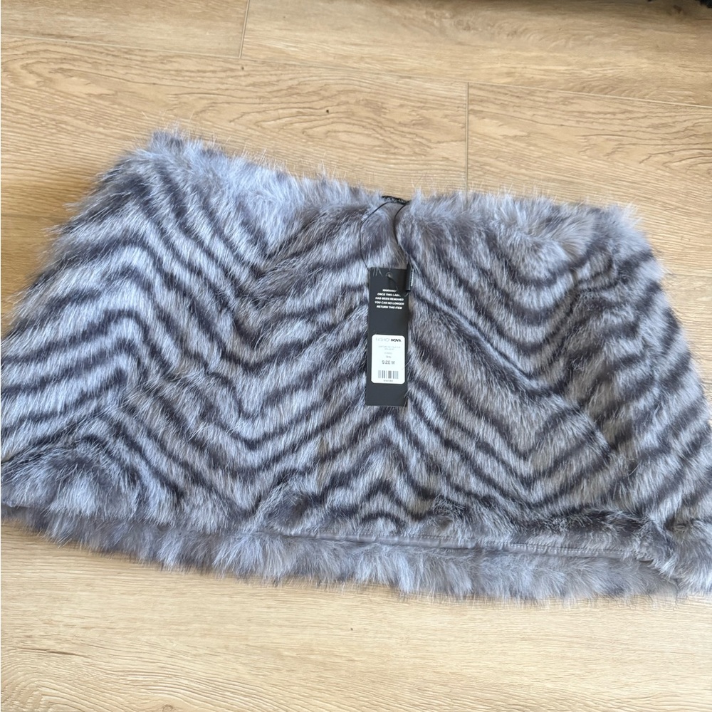 Gray Faux Fur Zebra Print Mini Skirt